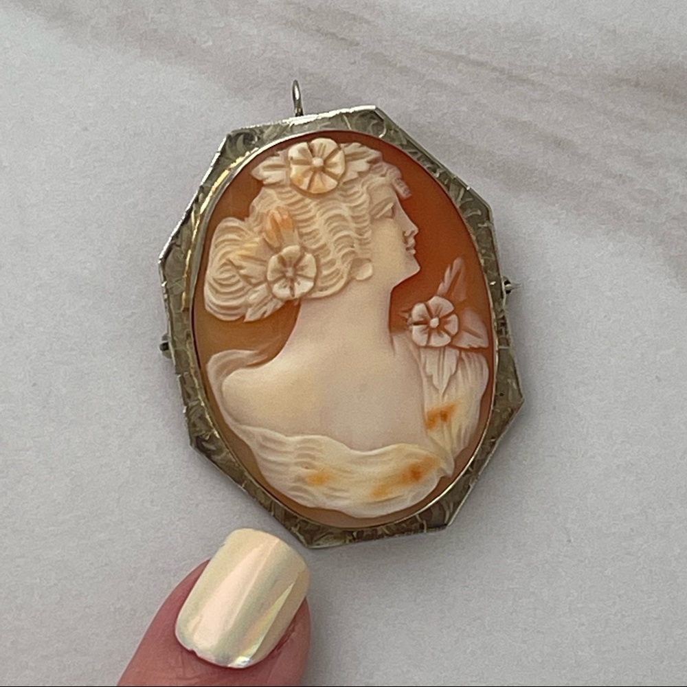 Solid 14K Antique white gold cameo Art Deco Goddess Victorian Pendant brooch pin - Picture 8 of 17